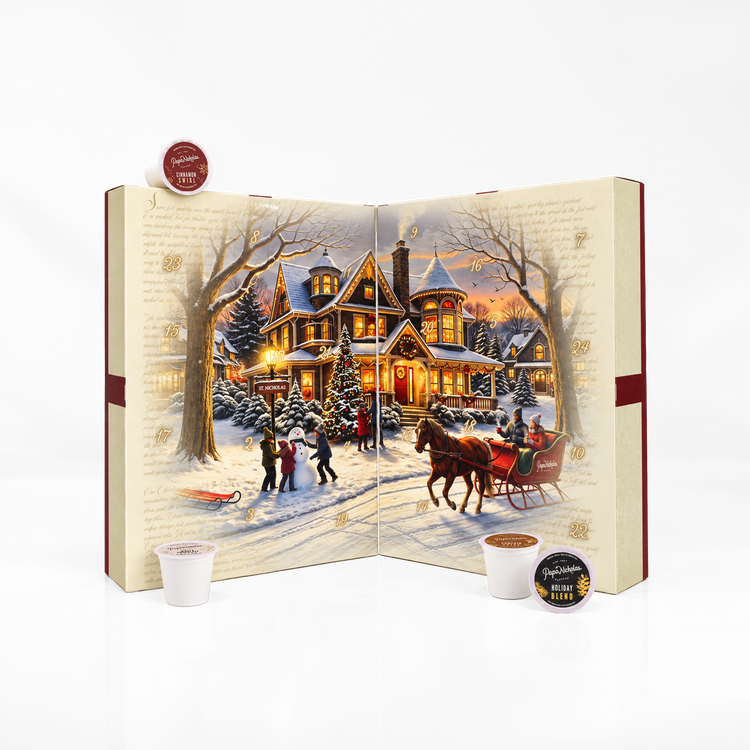 Coffee Joy Advent Calendar opened, showing 24 flavored single-serve coffee cups