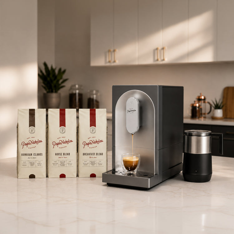 Bean-to-Brew Espresso Machine + Three 12oz Bags of Coffee + Milk Frother