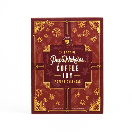Coffee Joy Advent Calendar box, front cover with holiday design